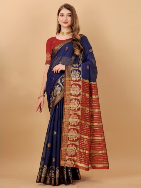 

RUTUJA Navy Blue & Red Woven Design Zari Linen Blend Banarasi Saree