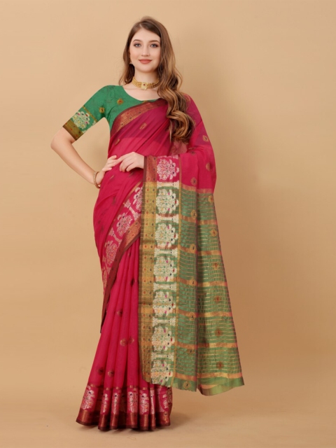 

RUTUJA Red & Green Woven Design Zari Linen Blend Banarasi Saree