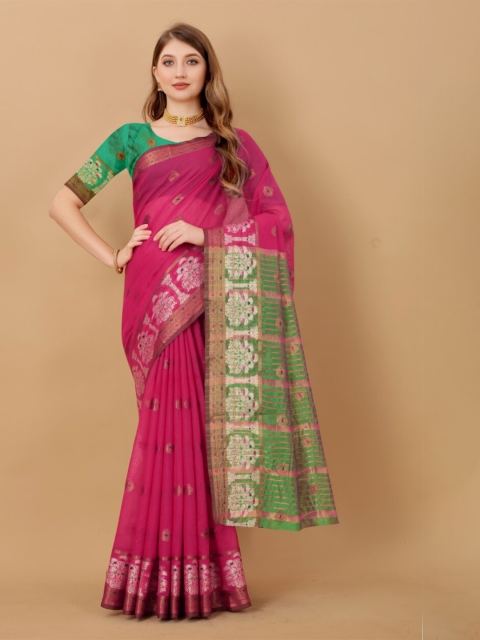 

RUTUJA Magenta & Green Woven Design Zari Linen Blend Banarasi Saree