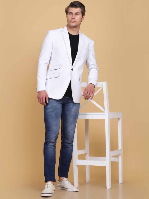 

TAHVO Men White Solid Single Breasted Linen Blazer