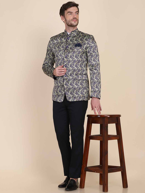 

TAHVO Men Navy Blue Printed Bandhgala Blazer
