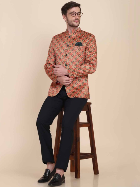 

TAHVO Men Orange Printed Bandhgala Blazer