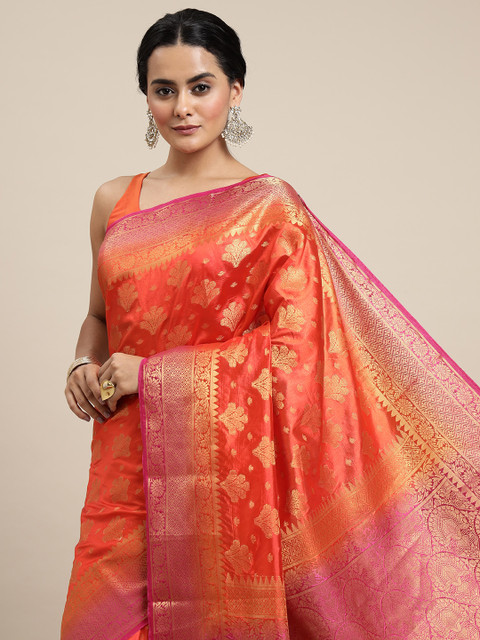 

Royal Rajgharana Saree Orange & Pink Woven Design Zari Silk Blend Banarasi Saree
