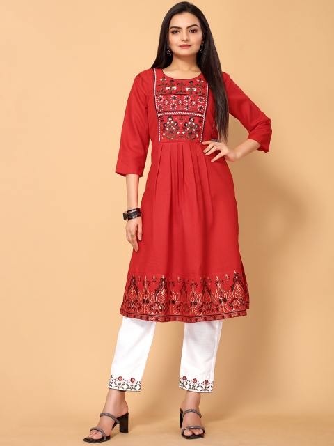 

all about you Women Red Floral Embroidered Thread Work Kurti with Palazzos