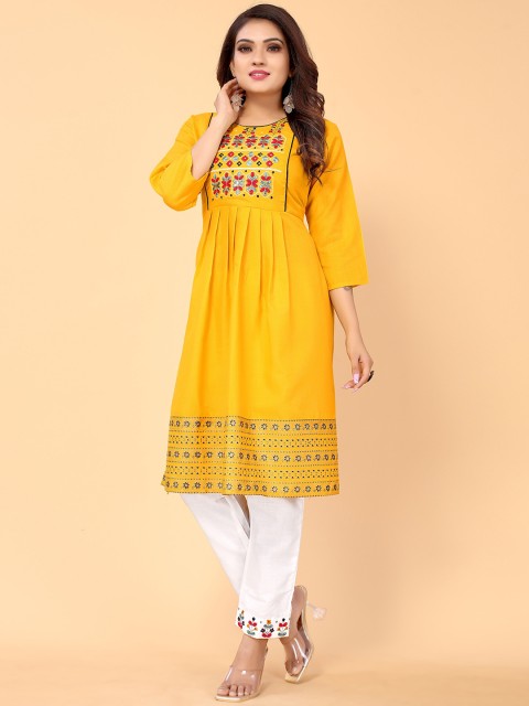

all about you Women Mustard Yellow Embroidered Thread Work Kurti with Dhoti Pants