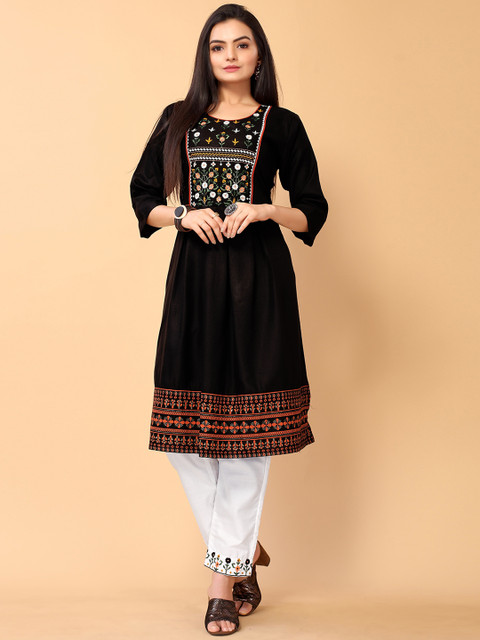 

all about you Women Black Ethnic Motifs Embroidered Panelled Thread Work Kurta with Palazzos
