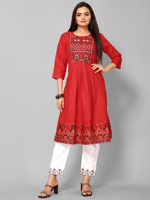 

KALINI Women Red Floral Yoke Design Thread Work Kurti with Trousers