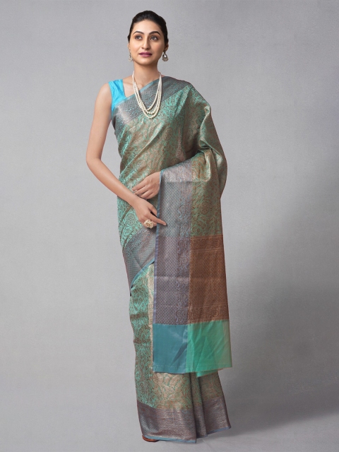 

Unnati Silks Green & Gold-Toned Woven Design Zari Silk Cotton Banarasi Saree