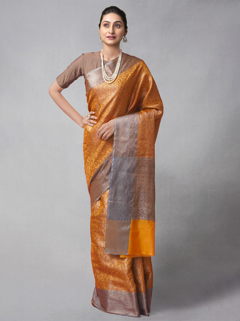 

Unnati Silks Rust & Grey Woven Design Zari Silk Cotton Banarasi Saree