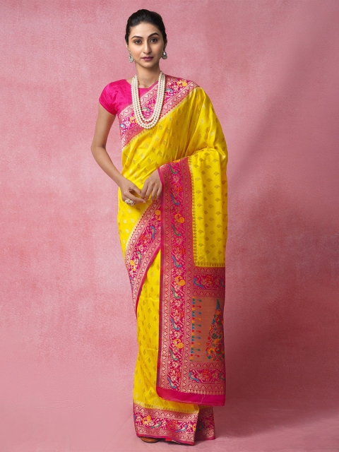 

Unnati Silks Yellow & Pink Woven Design Zari Silk Blend Paithani Saree