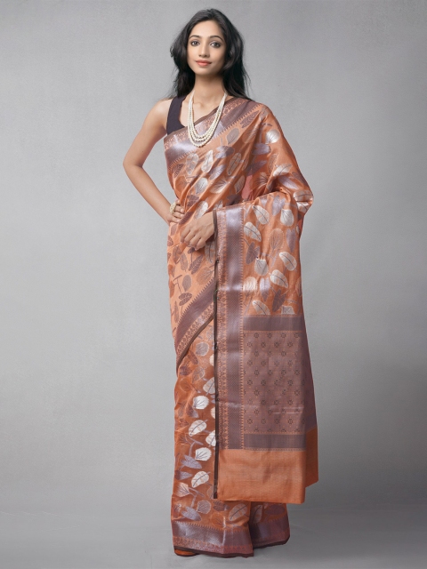 

Unnati Silks Orange & Silver-Toned Woven Design Zari Silk Cotton Banarasi Saree