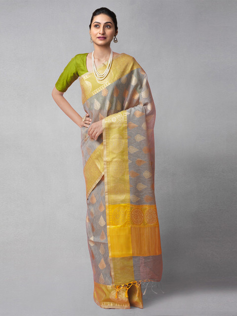 

Unnati Silks Grey & Gold-Toned Woven Design Zari Silk Cotton Banarasi Saree