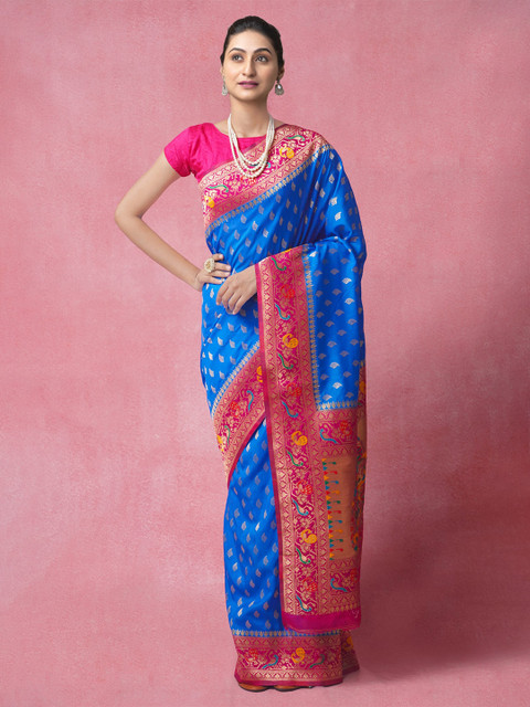 

Unnati Silks Blue & Gold-Toned Woven Design Silk Blend Paithani Saree