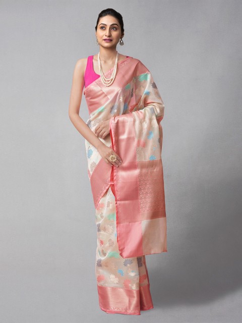 

Unnati Silks Cream-Coloured & Pink Woven Design Zari Silk Cotton Banarasi Saree
