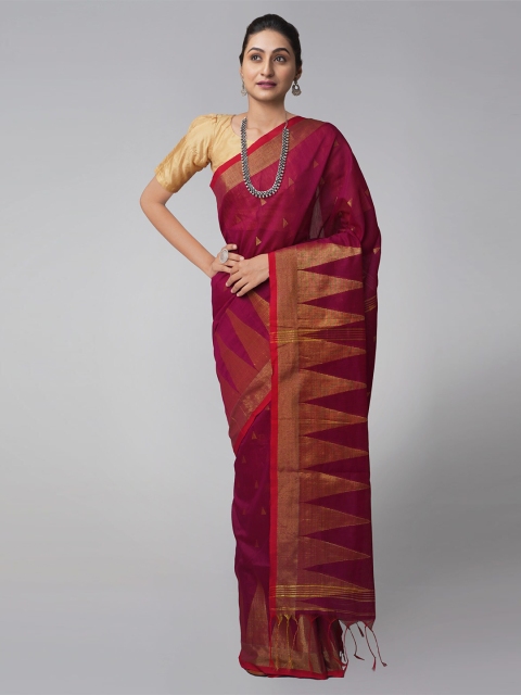 

Unnati Silks Maroon & Gold-Toned Woven Design Zari Pure Linen Jamdani Saree