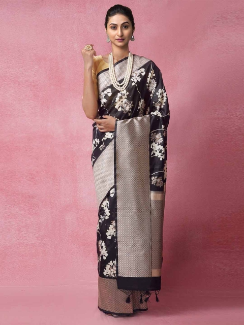 

Unnati Silks Black & White Woven Design Zari Silk Cotton Banarasi Saree