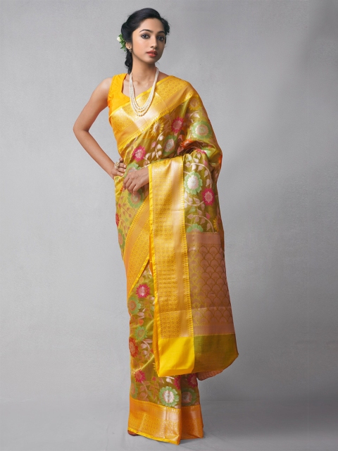 

Unnati Silks Yellow & Gold-Toned Woven Design Zari Silk Cotton Banarasi Saree