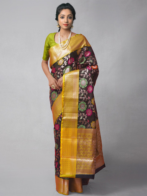 

Unnati Silks Black & Gold-Toned Woven Design Zari Silk Cotton Banarasi Saree
