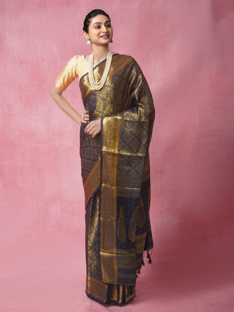

Unnati Silks Navy Blue & Gold-Toned Woven Design Zari Silk Cotton Banarasi Saree