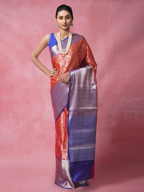 

Unnati Silks Red & Blue Woven Design Zari Silk Cotton Banarasi Saree