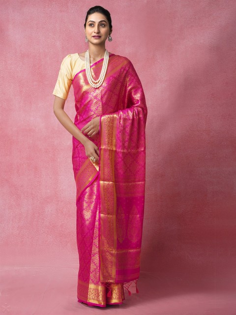 

Unnati Silks Pink & Gold-Toned Woven Design Zari Silk Cotton Banarasi Saree