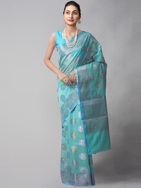 

Unnati Silks Blue & Silver-Toned Woven Design Zari Silk Cotton Banarasi Saree