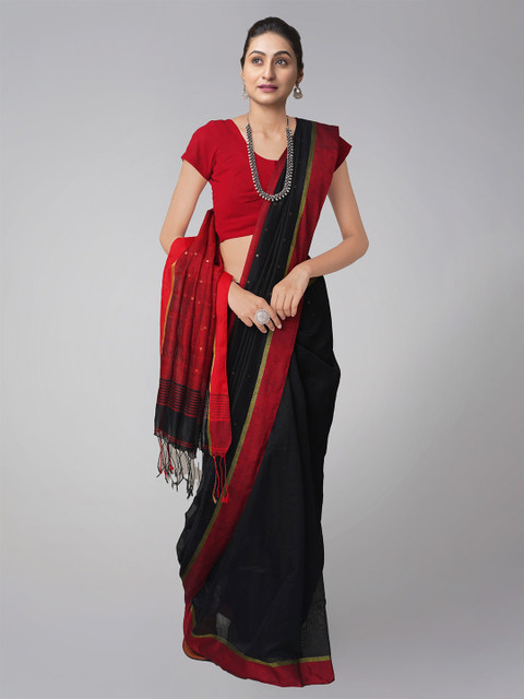 

Unnati Silks Black & Maroon Woven Design Linen Blend Jamdani Saree