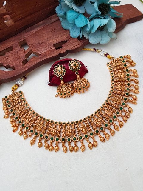

GRIIHAM Gold-Plated Green AD-Studded & Beaded Jewellery Set