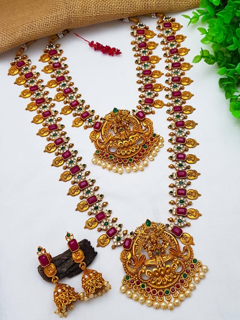 

GRIIHAM Gold-Plated Pink & Green Stone Studded Jewellery Set