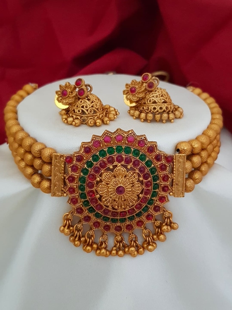 

GRIIHAM Gold-Plated Green & Pink AD-Studded Jewellery Set