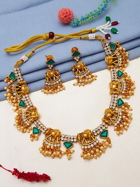 

GRIIHAM Gold-Plated Green & White AD-Studded & Beaded Jewellery Set
