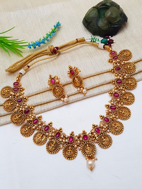 

GRIIHAM Gold-Plated White & Pink AD-Studded & Pearl Beaded Jewellery Set