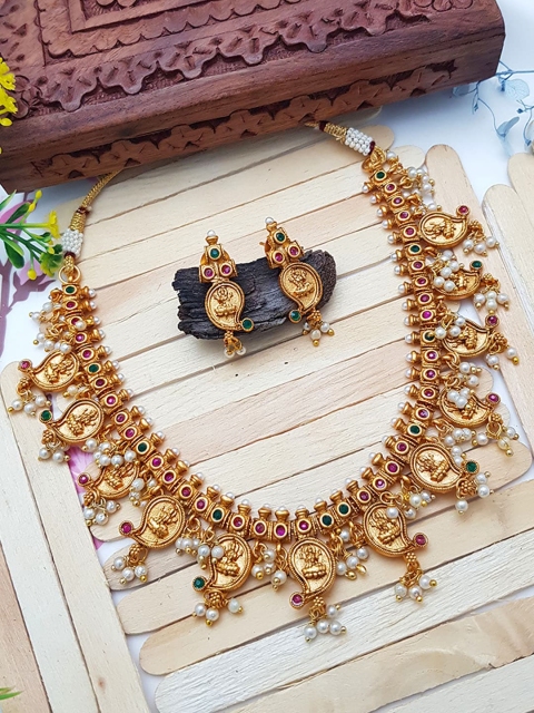 

GRIIHAM Gold-Plated Green & Maroon AD-Studded & Pearl Beaded Jewellery Set