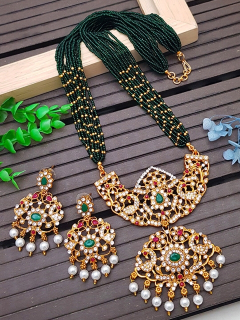 

GRIIHAM Gold-Plated Pink & Green Stone-Studded & Black Beaded Jewellery Set