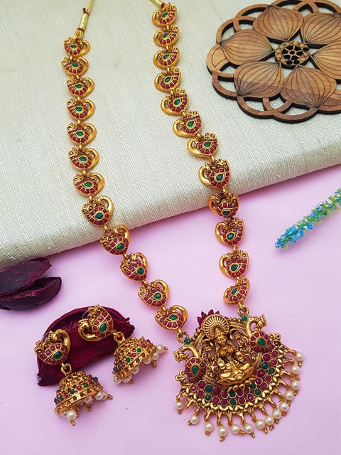 

GRIIHAM Gold-Plated Pink & Green AD-Studded Jewellery Set
