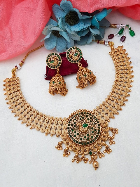 

GRIIHAM Gold-Plated & Green AD-Studded Peacock Motif Necklace Set
