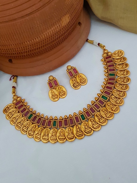 

GRIIHAM Gold-Plated Pink & Green AD-Studded Jewellery Set