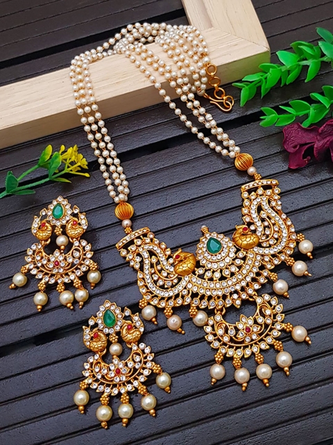 

GRIIHAM Gold-Plated Green & White Stone Studded & Beaded Jewellery Set