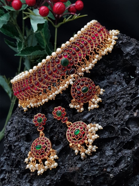 

GRIIHAM Gold-Plated Green & Pink AD Studded & Pearl Beaded Jewellery Set