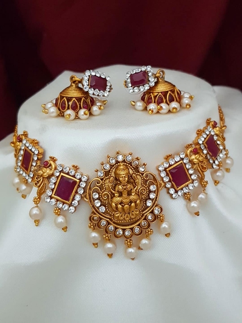 

GRIIHAM Gold-Plated White & Red AD-Studded & Pearl Beaded Jewellery Set