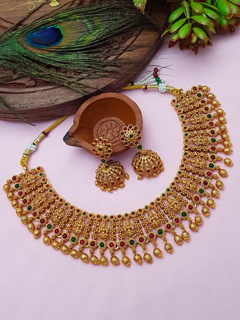 

GRIIHAM Gold-Plated Green & Pink AD-Studded Jewellery Set