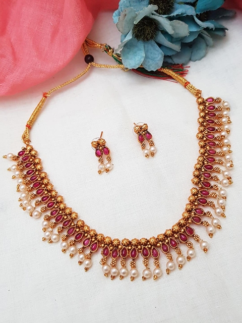 

GRIIHAM Gold-Plated Red AD-Studded Jewellery Set