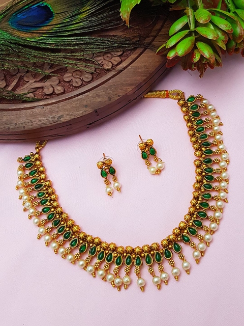 

GRIIHAM Gold-Plated White & Green AD-Studded & Pearl Beaded Jewellery Set