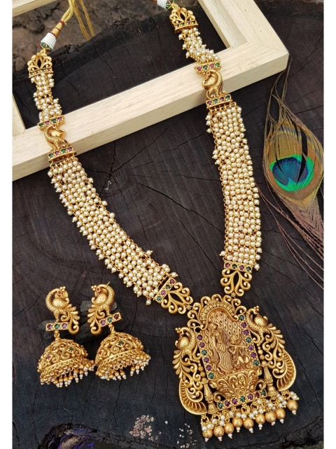 

GRIIHAM Gold-Plated White & Green AD-Studded & Pearl Beaded Jewellery Set