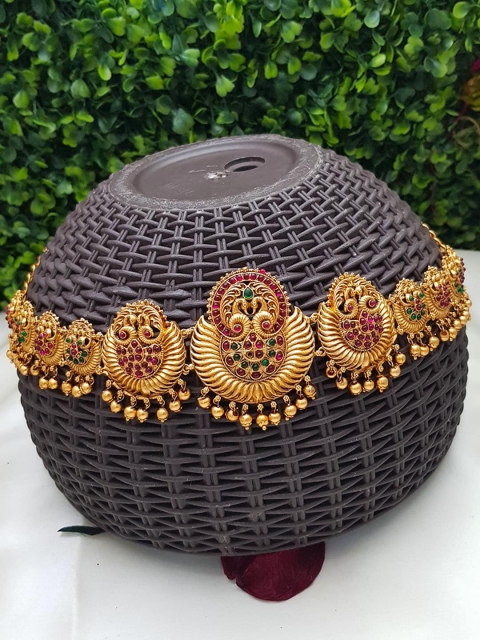 

GRIIHAM Gold-Plated Red & Green Stone-Studded & Beaded Kamarbandh, Multi