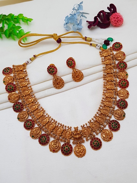

GRIIHAM Gold-Plated Green & Maroon AD-Studded & Beaded Jewellery Set