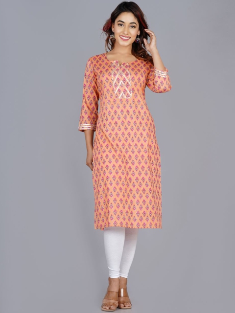 

JAIPURI COLLECTION Women Peach-Coloured Geometric Cold-Shoulder Sleeves Thread Work Kurta