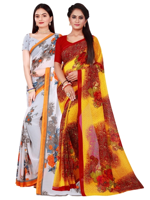 

Florence White & Orange Floral Pure Georgette Saree