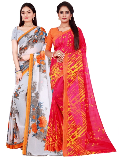 Florence White & Pink Floral Pure Georgette Saree