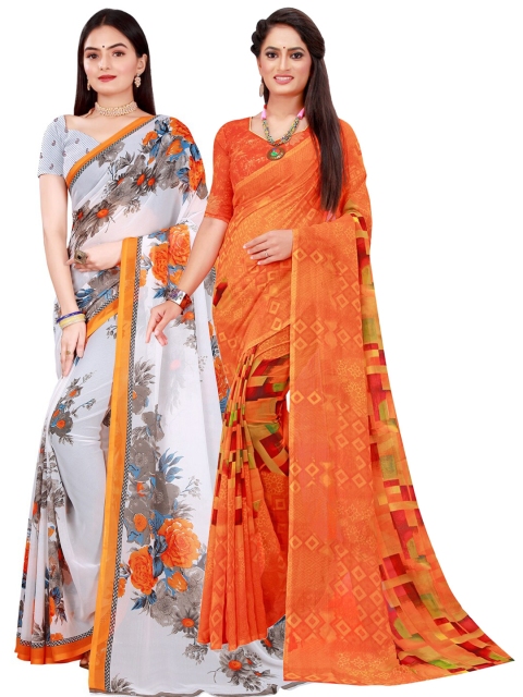 

Florence White & Orange Floral Pure Georgette Saree